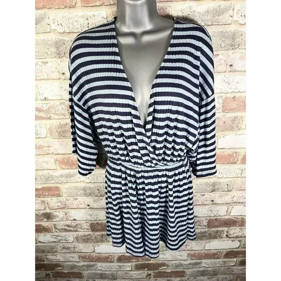 Urban Outfitters Ribbed Knit Surplice Romper Light Blue Striped‎ Summer Beach M - Picture 5 of 12